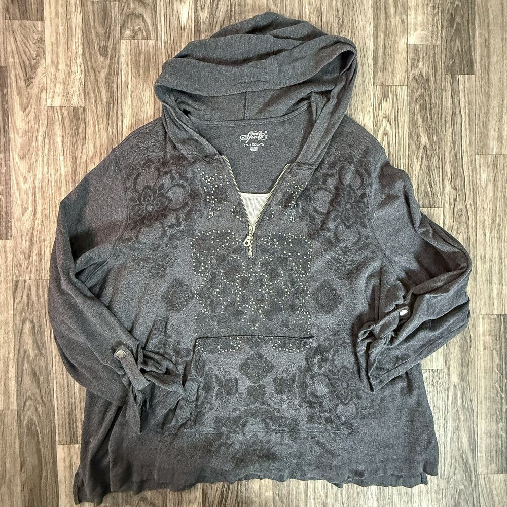 Style & Co Sport Gray Studded Hoodie 3X Women’s Pullover Half Zip Cotton